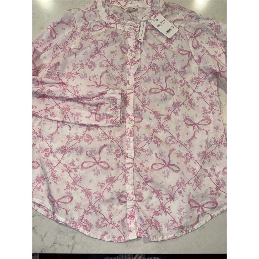Lucky Brand Womens S Pink Toile Romantic Bows Blouse Cotton Ruffles Cottagecore
